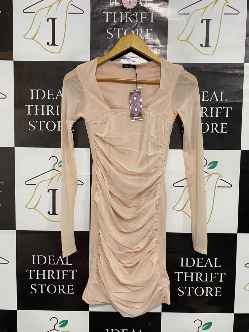 BOOHOO |S| BUST 13| A22| BLUSH PINK RUFFLED MESH LONG-SLEEVE BODYCON DRESS | CHIC PARTY MINI DRESS