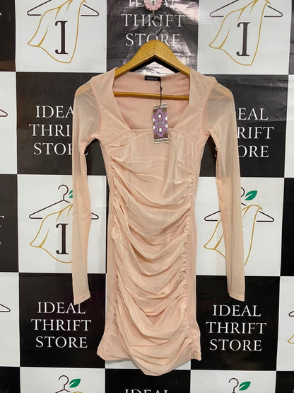 BOOHOO |S| BUST 13| A22| BLUSH PINK RUFFLED MESH LONG-SLEEVE BODYCON DRESS | CHIC PARTY MINI DRESS