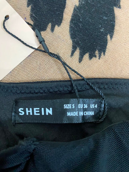 SHEIN |S| BUST 14|  A22| BLACK STRAPLESS RUFFLED BUSTIER CORSET TOP | CHIC DRAPED MESH PARTY BODYSUIT