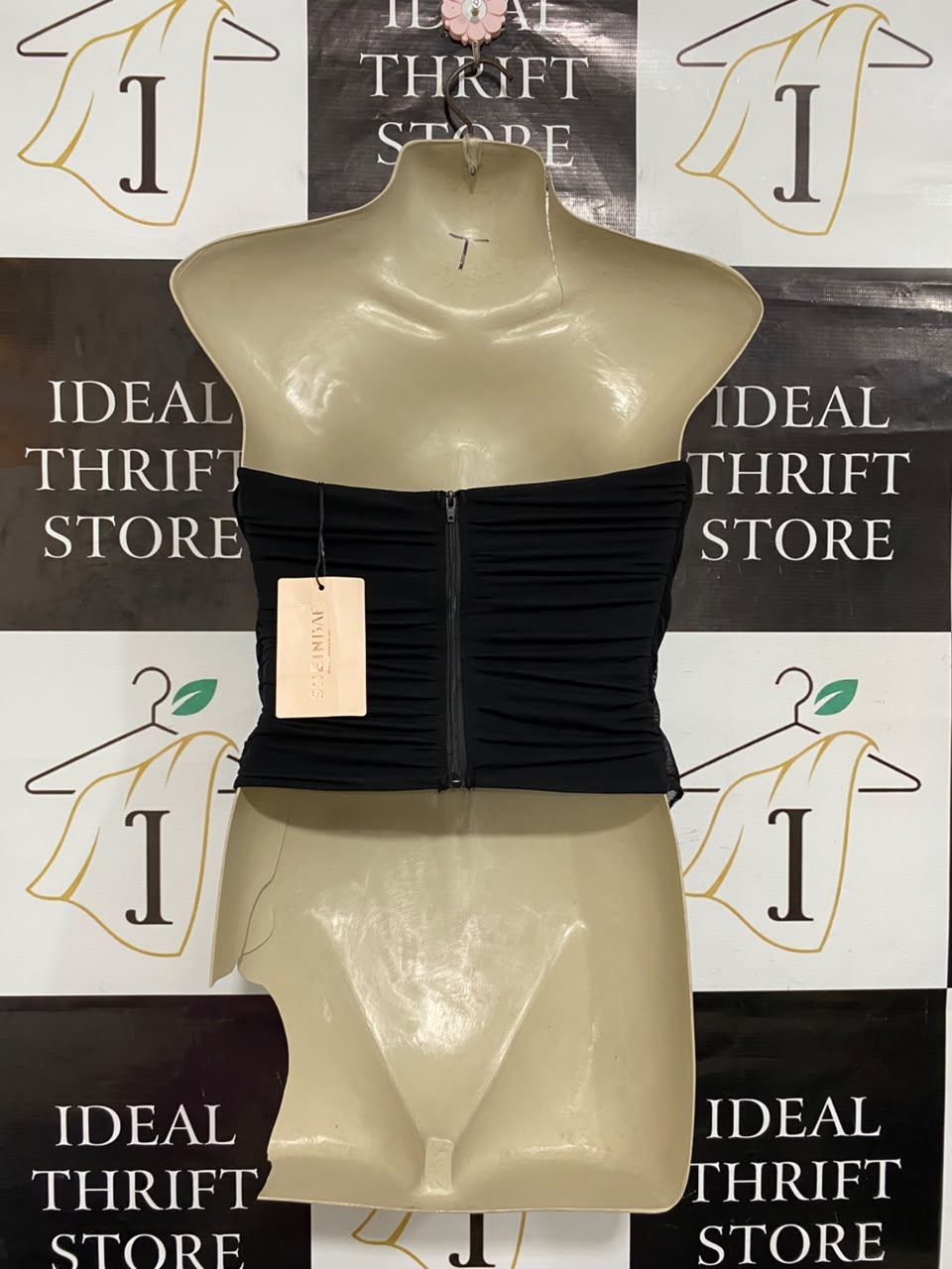 SHEIN |S| BUST 14|  A22| BLACK STRAPLESS RUFFLED BUSTIER CORSET TOP | CHIC DRAPED MESH PARTY BODYSUIT
