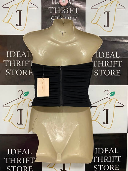 SHEIN |S| BUST 14|  A22| BLACK STRAPLESS RUFFLED BUSTIER CORSET TOP | CHIC DRAPED MESH PARTY BODYSUIT