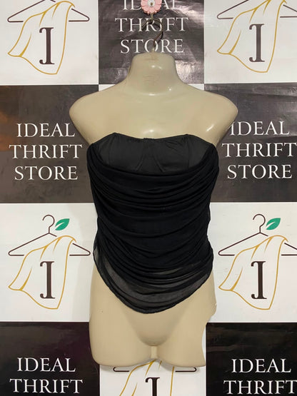 SHEIN |S| BUST 14|  A22| BLACK STRAPLESS RUFFLED BUSTIER CORSET TOP | CHIC DRAPED MESH PARTY BODYSUIT