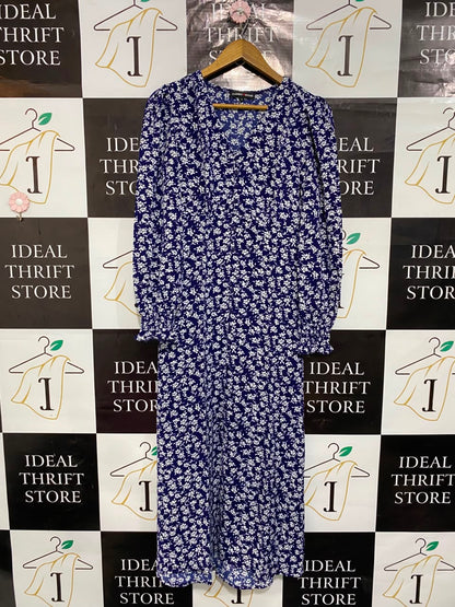 CAMEO ROSE |S| BUST 17| A22| NAVY BLUE WHITE FLORAL MIDI DRESS | V-NECK LONG-SLEEVE CASUAL DRESS