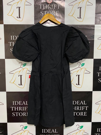 H&M |S| BUST 18| A22| BLACK PUFF-SLEEVE TIE-FRONT MINI DRESS | DRAMATIC STATEMENT PARTY DRESS