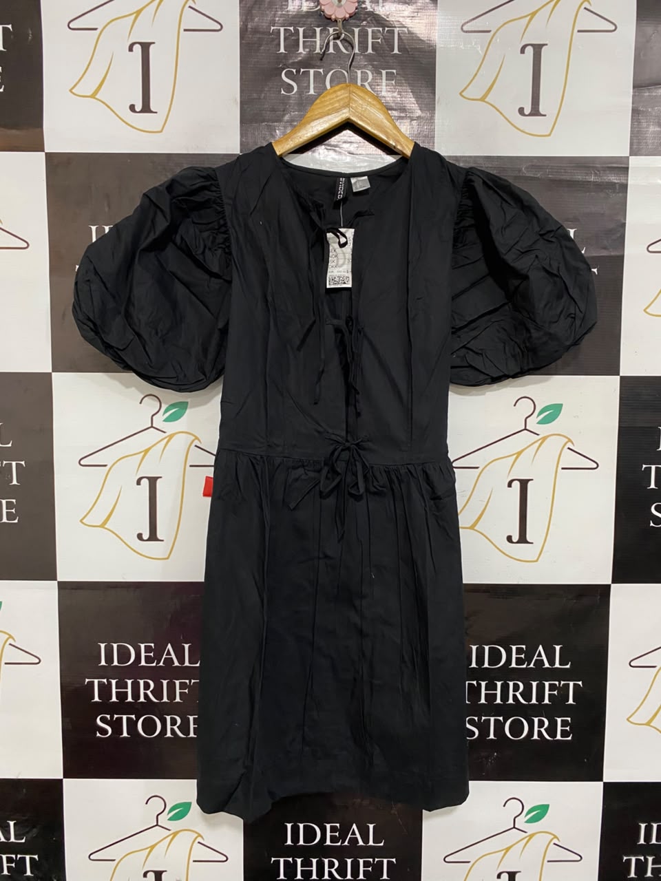 H&M |S| BUST 18| A22| BLACK PUFF-SLEEVE TIE-FRONT MINI DRESS | DRAMATIC STATEMENT PARTY DRESS