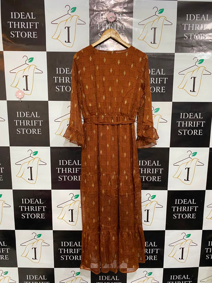 GRACE & MILA |M| BUST 18| A22| RUST ORANGE METALLIC THREAD PLAID MIDI DRESS | V-NECK TIERED RUFFLE LONG-SLEEVE DRESS