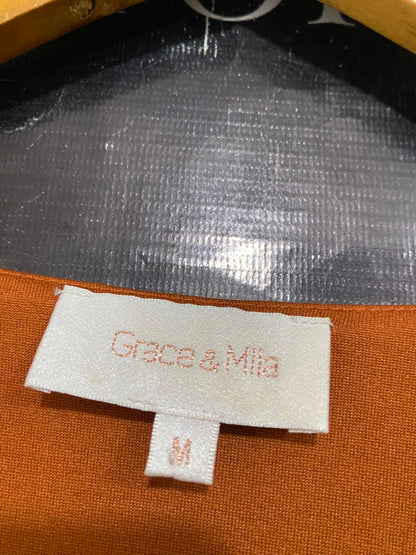 GRACE & MILA |M| BUST 18| A22| RUST ORANGE METALLIC THREAD PLAID MIDI DRESS | V-NECK TIERED RUFFLE LONG-SLEEVE DRESS
