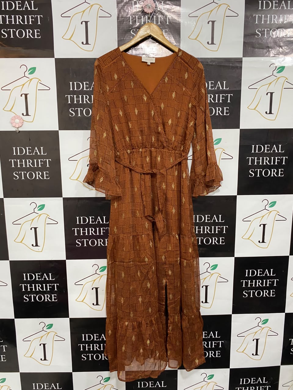 GRACE & MILA |M| BUST 18| A22| RUST ORANGE METALLIC THREAD PLAID MIDI DRESS | V-NECK TIERED RUFFLE LONG-SLEEVE DRESS