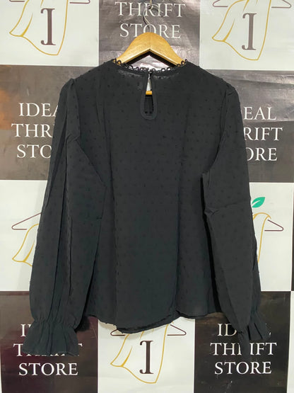 SHEIN |XL| BUST 21| A22| BLACK SWISS DOT LACE YOKE BLOUSE | ELEGANT LONG-SLEEVE RUFFLE CUFF TOP