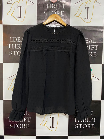 SHEIN |XL| BUST 21| A22| BLACK SWISS DOT LACE YOKE BLOUSE | ELEGANT LONG-SLEEVE RUFFLE CUFF TOP