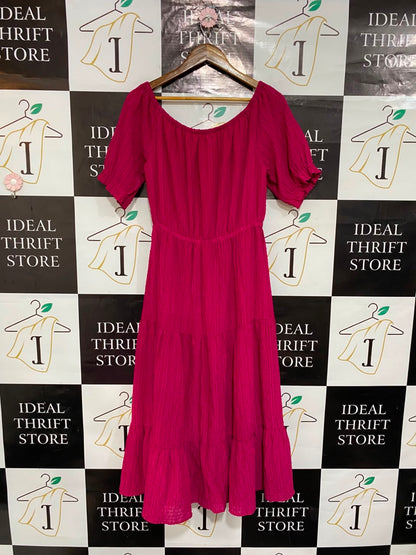 SOON |M| BUST 17| A22| MAGENTA PINK OFF-SHOULDER TIERED MIDI DRESS | VIBRANT SHORT-SLEEVE SUMMER DRESS