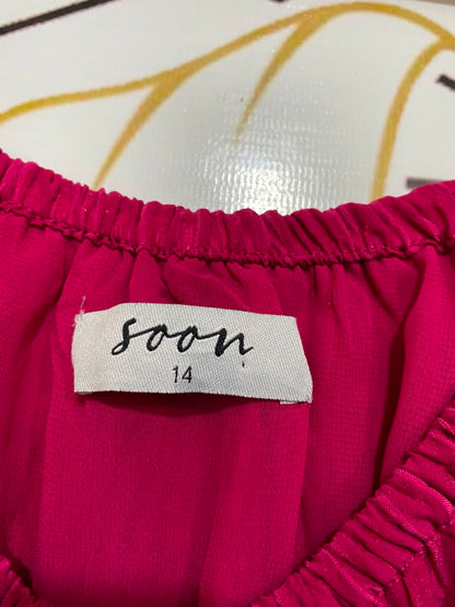 SOON |M| BUST 17| A22| MAGENTA PINK OFF-SHOULDER TIERED MIDI DRESS | VIBRANT SHORT-SLEEVE SUMMER DRESS