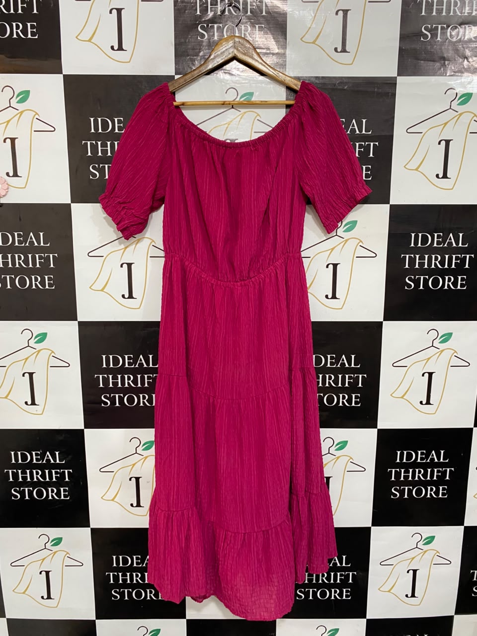 SOON |M| BUST 17| A22| MAGENTA PINK OFF-SHOULDER TIERED MIDI DRESS | VIBRANT SHORT-SLEEVE SUMMER DRESS