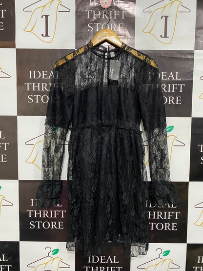 SB ETRO |M| BUST 16| A22| BLACK SHEER LACE LONG-SLEEVE MIDI DRESS | ELEGANT HIGH-NECK PARTY DRESS