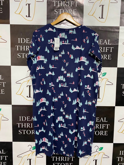 F&F |XL| BUST 23| A22| NAVY BLUE WINTER SKI RESORT PRINT SLEEP SHIRT | COMFORTABLE SHORT-SLEEVE NIGHTSHIRT