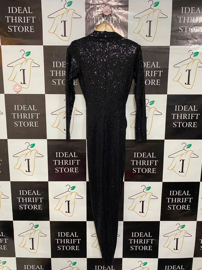 |S| BUST 16| A22| BLACK GLITTER SEQUIN WRAP-STYLE LONG-SLEEVE MAXI DRESS | ELEGANT EVENING PARTY DRESS