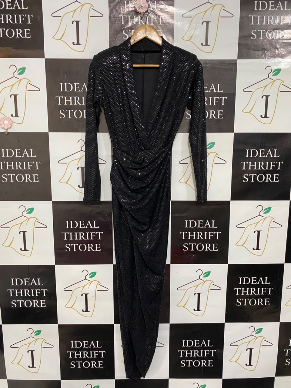 |S| BUST 16| A22| BLACK GLITTER SEQUIN WRAP-STYLE LONG-SLEEVE MAXI DRESS | ELEGANT EVENING PARTY DRESS