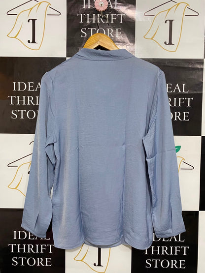 PRIMARK CARES |L| BUST 20| A22| DUSTY BLUE TIE-NECK SATIN BLOUSE | ELEGANT LONG-SLEEVE WORKWEAR TOP