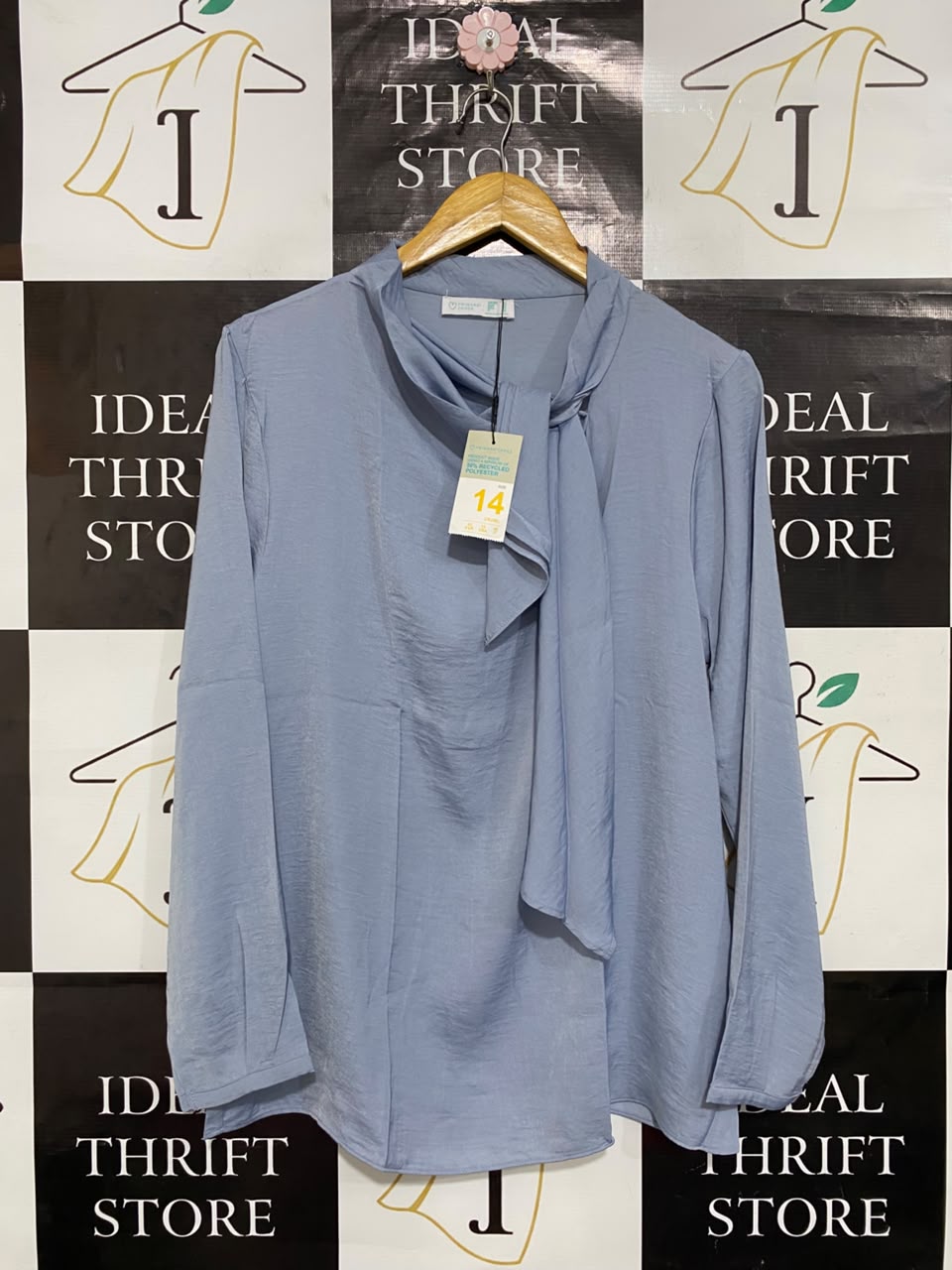 PRIMARK CARES |L| BUST 20| A22| DUSTY BLUE TIE-NECK SATIN BLOUSE | ELEGANT LONG-SLEEVE WORKWEAR TOP