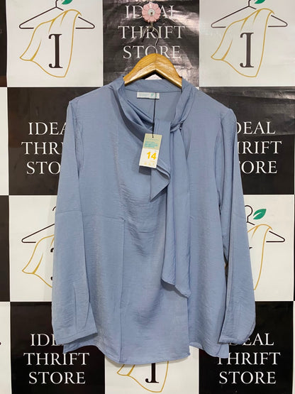 PRIMARK CARES |L| BUST 20| A22| DUSTY BLUE TIE-NECK SATIN BLOUSE | ELEGANT LONG-SLEEVE WORKWEAR TOP