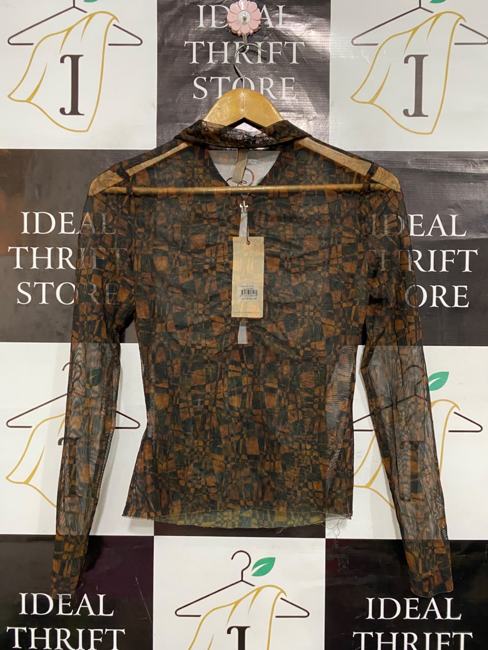 BEC BRIDGE |S| BUST 15| A22| BROWN ABSTRACT GEOMETRIC MESH COLLARED TOP | RUFFLED LONG-SLEEVE SHEER BLOUSE