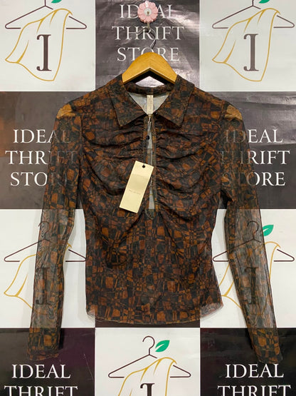 BEC BRIDGE |S| BUST 15| A22| BROWN ABSTRACT GEOMETRIC MESH COLLARED TOP | RUFFLED LONG-SLEEVE SHEER BLOUSE