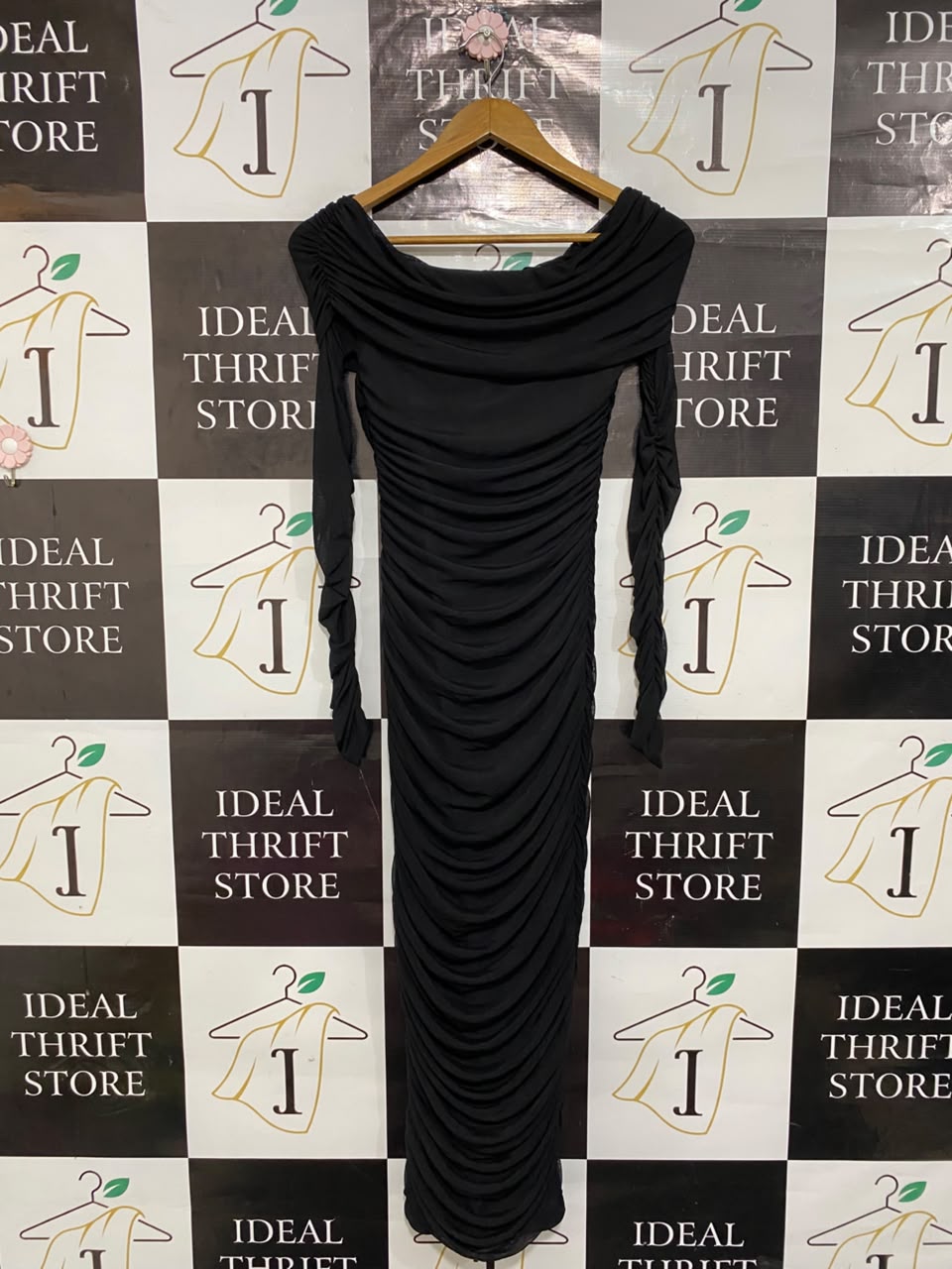 SHEIN |XS| BUST 13| A22| BLACK OFF-SHOULDER RUCHED LONG-SLEEVE MAXI DRESS | ELEGANT COCKTAIL PARTY DRESS