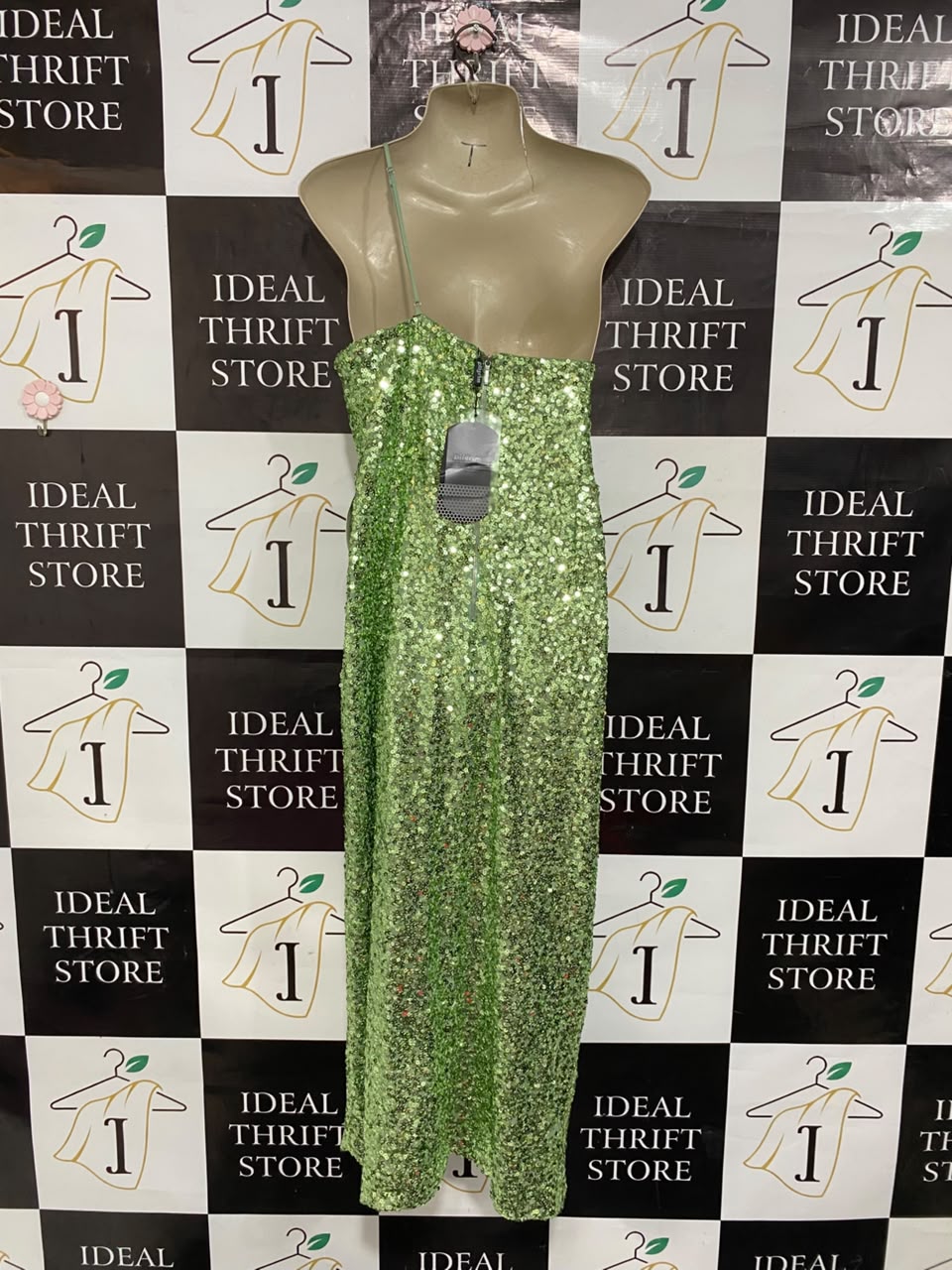 PILGRIM |L| BUST 19| A22| LIME GREEN ONE-SHOULDER SEQUIN SLIT MAXI DRESS | GLAMOROUS PARTY EVENING GOWN