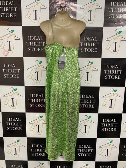 PILGRIM |L| BUST 19| A22| LIME GREEN ONE-SHOULDER SEQUIN SLIT MAXI DRESS | GLAMOROUS PARTY EVENING GOWN