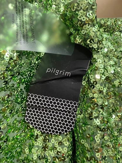 PILGRIM |L| BUST 19| A22| LIME GREEN ONE-SHOULDER SEQUIN SLIT MAXI DRESS | GLAMOROUS PARTY EVENING GOWN
