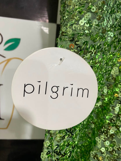 PILGRIM |L| BUST 19| A22| LIME GREEN ONE-SHOULDER SEQUIN SLIT MAXI DRESS | GLAMOROUS PARTY EVENING GOWN