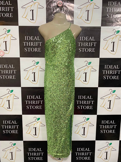 PILGRIM |L| BUST 19| A22| LIME GREEN ONE-SHOULDER SEQUIN SLIT MAXI DRESS | GLAMOROUS PARTY EVENING GOWN
