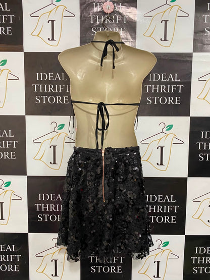 ATMOS & HERE |S| A22| BLACK HALTER SEQUIN CROP TOP AND SKIRT TWO-PIECE SET | GLAMOROUS PARTY OUTFIT