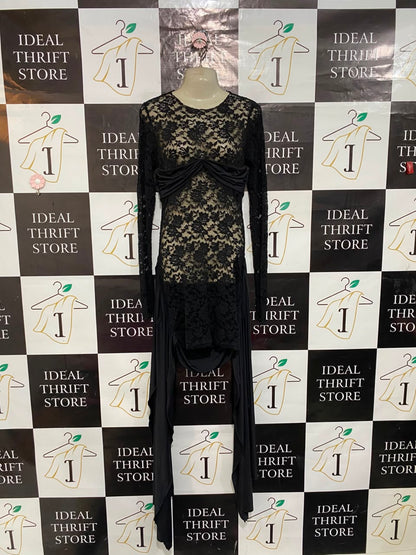 LIONESS |M| BUST 15| A22| BLACK LACE DRAPED ASYMMETRIC LONG-SLEEVE TOP | ELEGANT GOTHIC PARTY BLOUSE