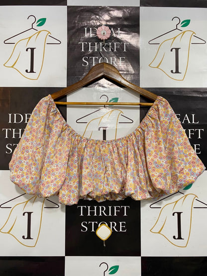 ZARA |S| BUST 16| A22| PASTEL FLORAL OFF-SHOULDER PUFF-SLEEVE CROP TOP | VINTAGE-INSPIRED SUMMER BLOUSE