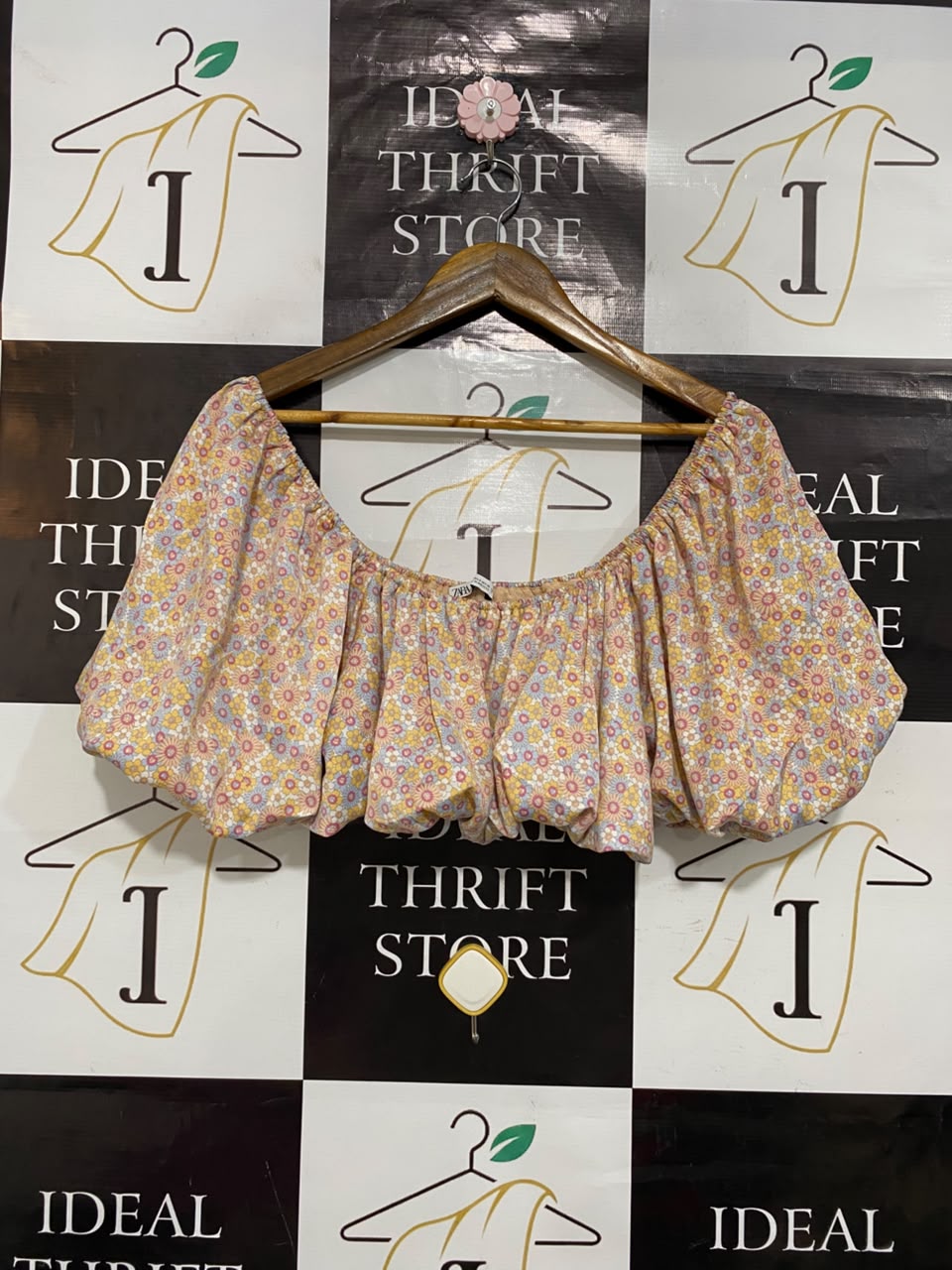 ZARA |S| BUST 16| A22| PASTEL FLORAL OFF-SHOULDER PUFF-SLEEVE CROP TOP | VINTAGE-INSPIRED SUMMER BLOUSE