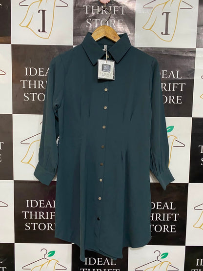 Z & BLACK |L| BUST 18| A22| DARK TEAL BUTTON-DOWN SHIRT DRESS | LONG-SLEEVE COLLARED CASUAL MINI DRESS
