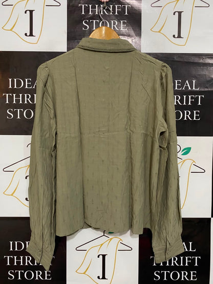 Y A S |L| BUST 20| A22| SAGE GREEN COLLARED PINTUCK BLOUSE | ELEGANT LONG-SLEEVE BUTTON-UP TOP