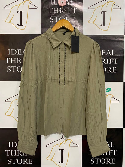 Y A S |L| BUST 20| A22| SAGE GREEN COLLARED PINTUCK BLOUSE | ELEGANT LONG-SLEEVE BUTTON-UP TOP