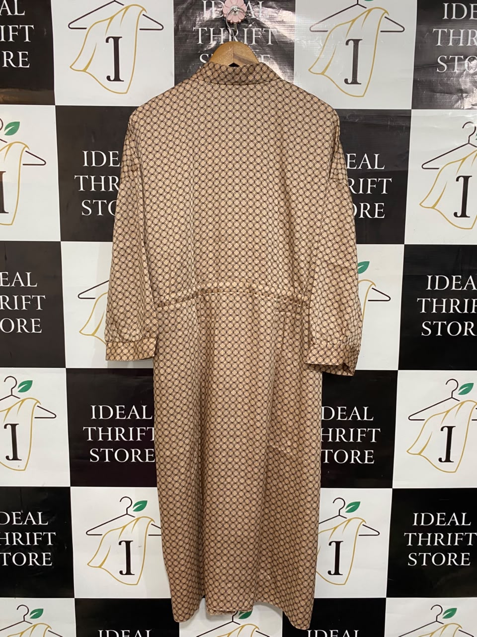PRIMARK |L| BUST FREE| A22| BROWN GEOMETRIC PRINT DRAWSTRING SHIRT DRESS | ELEGANT MIDI UTILITY DRESS
