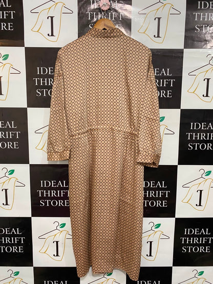 PRIMARK |L| BUST FREE| A22| BROWN GEOMETRIC PRINT DRAWSTRING SHIRT DRESS | ELEGANT MIDI UTILITY DRESS