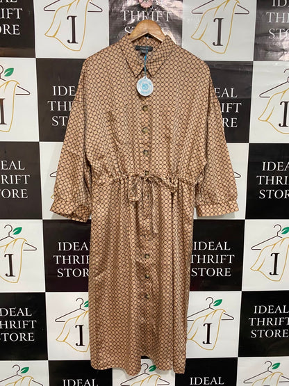 PRIMARK |L| BUST FREE| A22| BROWN GEOMETRIC PRINT DRAWSTRING SHIRT DRESS | ELEGANT MIDI UTILITY DRESS