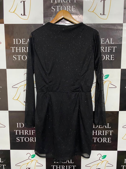 MISSGUIDED |L| BUST 19| A22| BLACK GLITTER SHIMMER KNOT-FRONT LONG-SLEEVE MINI DRESS | GLAMOROUS PARTY DRESS