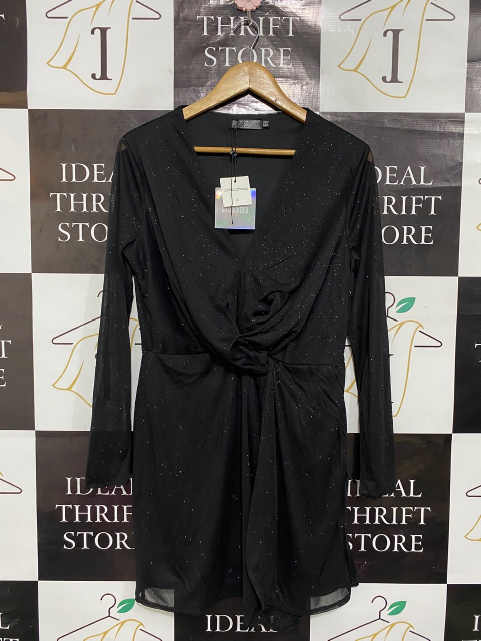 MISSGUIDED |L| BUST 19| A22| BLACK GLITTER SHIMMER KNOT-FRONT LONG-SLEEVE MINI DRESS | GLAMOROUS PARTY DRESS