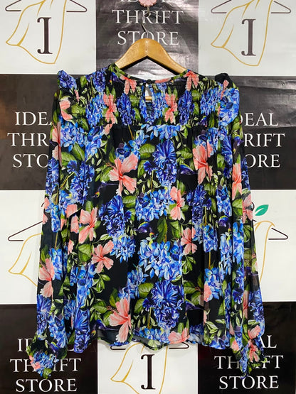 PRINCIPLES |L| BUST 20| A22| BLUE AND PINK FLORAL SMOCKED LONG-SLEEVE BLOUSE | ELEGANT RUFFLE-SHOULDER TOP
