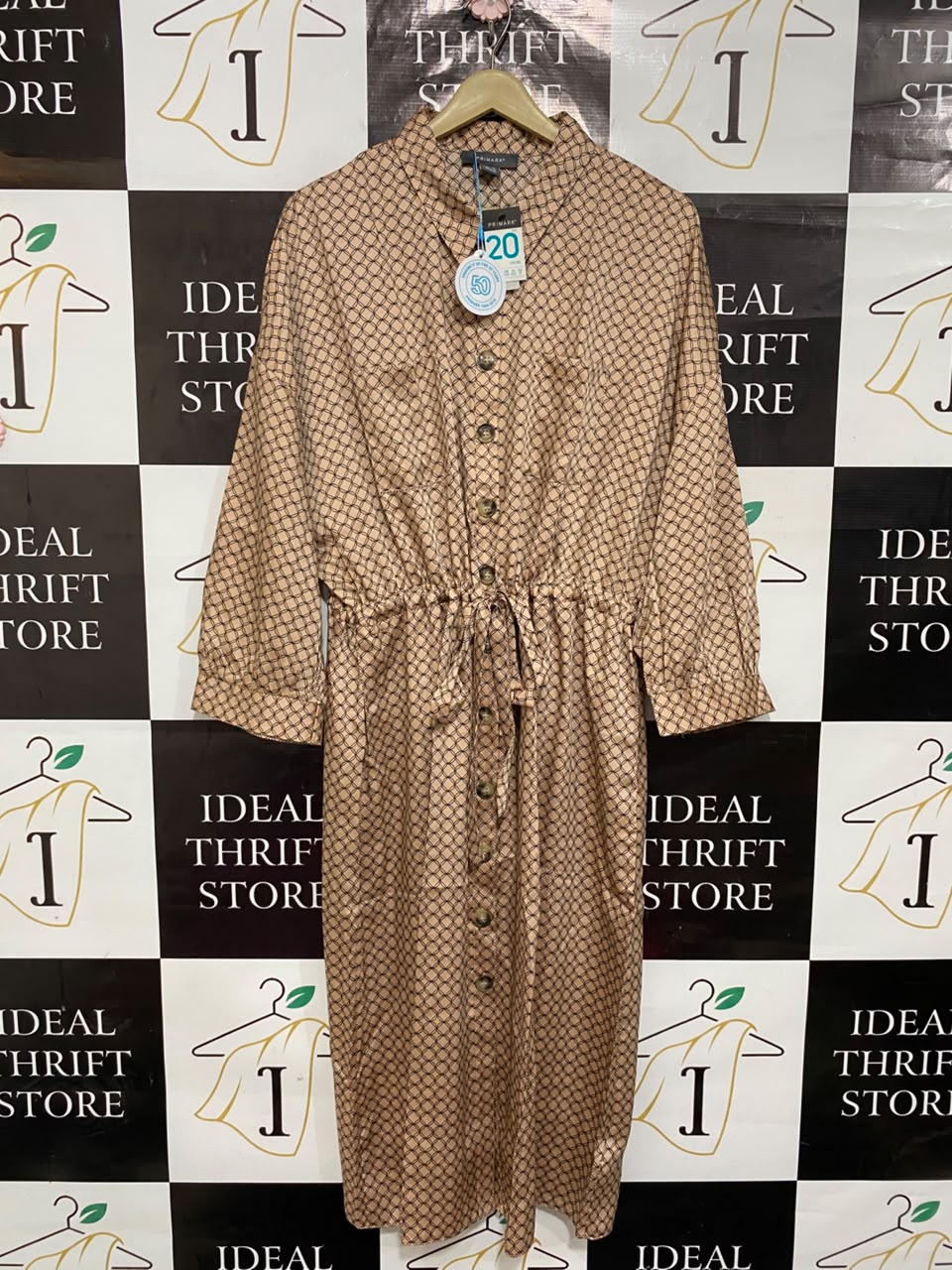 PRIMARK |M| BUST FREE| A22| BROWN GEOMETRIC PRINT DRAWSTRING SHIRT DRESS | ELEGANT MIDI UTILITY DRESS