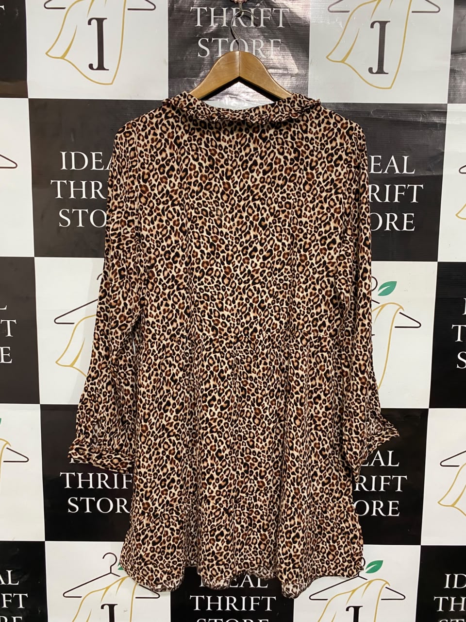 GEORGE |L| BUST 21| A22| LEOPARD ANIMAL PRINT COLLARED TIERED MINI DRESS | LONG-SLEEVE CASUAL STATEMENT DRESS