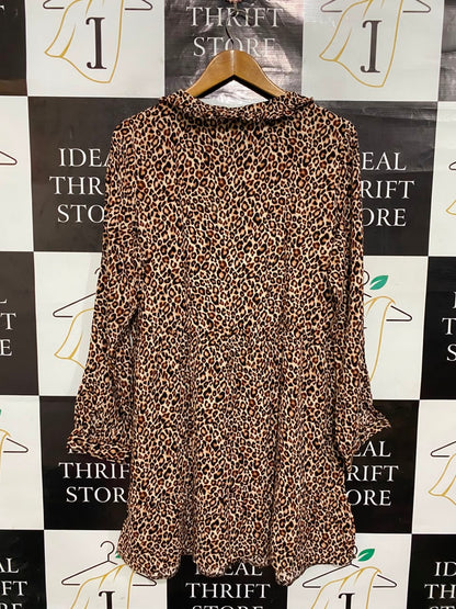 GEORGE |L| BUST 21| A22| LEOPARD ANIMAL PRINT COLLARED TIERED MINI DRESS | LONG-SLEEVE CASUAL STATEMENT DRESS