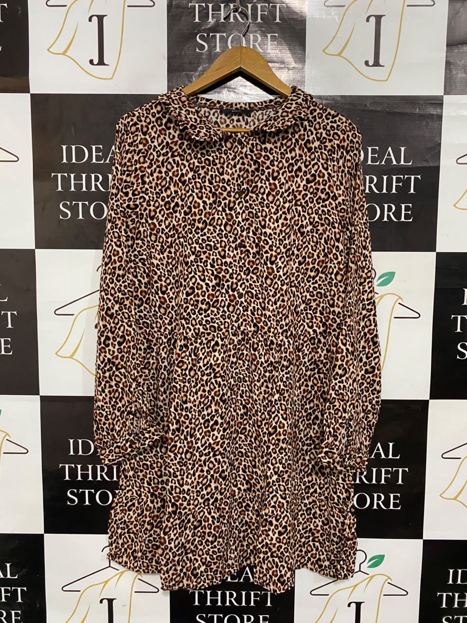 GEORGE |L| BUST 21| A22| LEOPARD ANIMAL PRINT COLLARED TIERED MINI DRESS | LONG-SLEEVE CASUAL STATEMENT DRESS