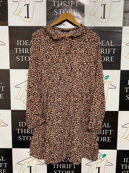 GEORGE |L| BUST 21| A22| LEOPARD ANIMAL PRINT COLLARED TIERED MINI DRESS | LONG-SLEEVE CASUAL STATEMENT DRESS